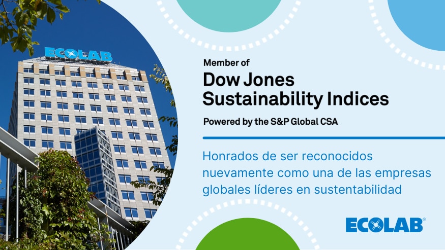 Graphic with Ecolab's St. Paul headquarters pictured and Spanish text that reads "Member of Dow Jones Sustainability Indices Powered by the S&P Global CSA. Honored to be recognized again as a top global sustainability-driven company."